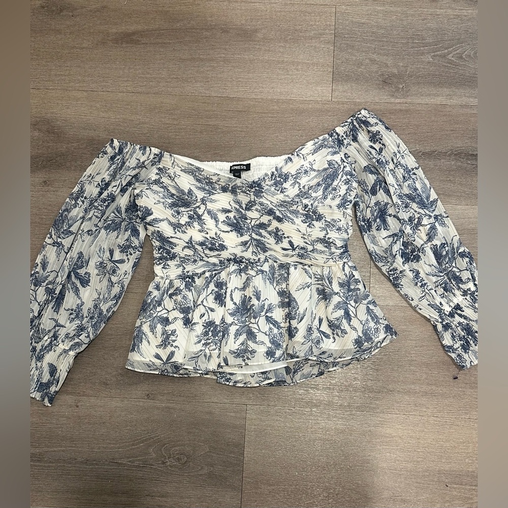 Express Blue and White Floral Off-Shoulder Blouse